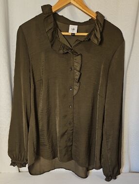 CAbi Olive Ruffle-Trim Button-Down Blouse